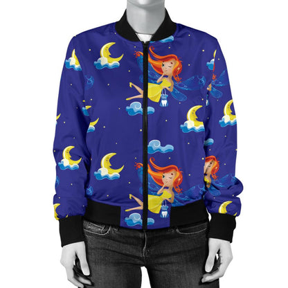 Fairy With Moon Print Pattern Women Casual Bomber Jacket