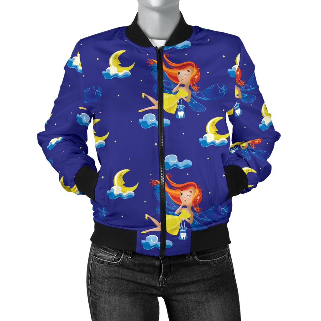Fairy With Moon Print Pattern Women Casual Bomber Jacket