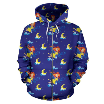 Fairy with Moon Print Pattern Zip Up Hoodie