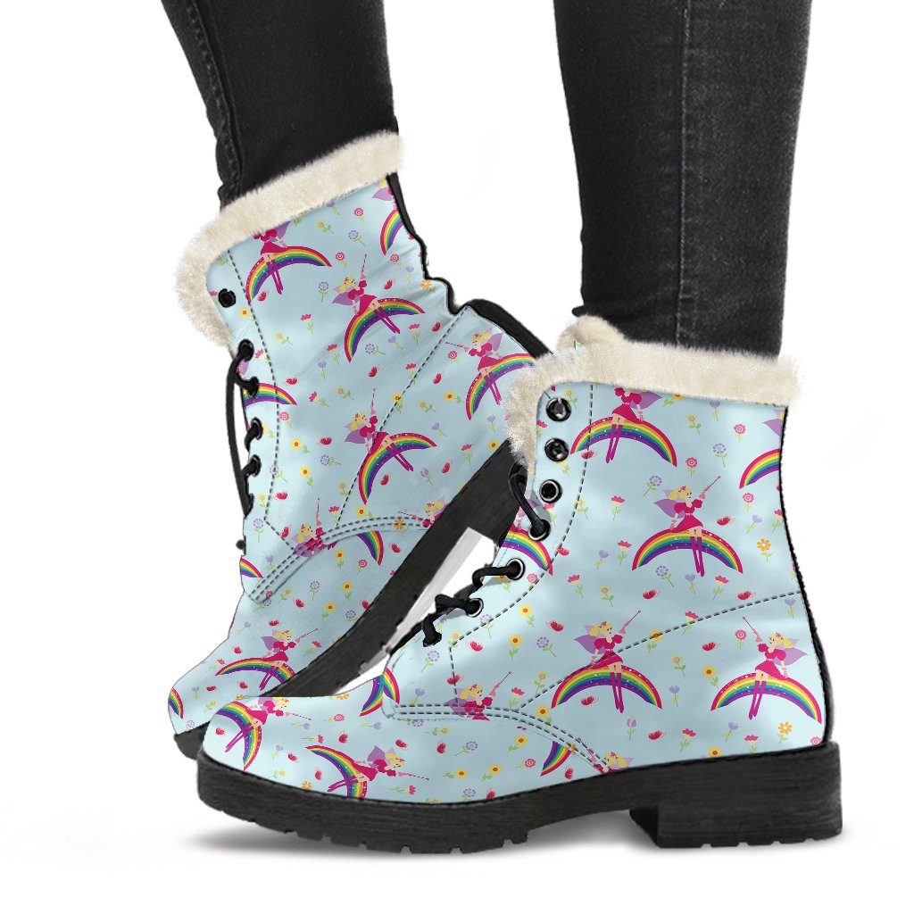 Fairy with Rainbow Print Pattern Faux Fur Leather Boots-JTAMIGO.COM