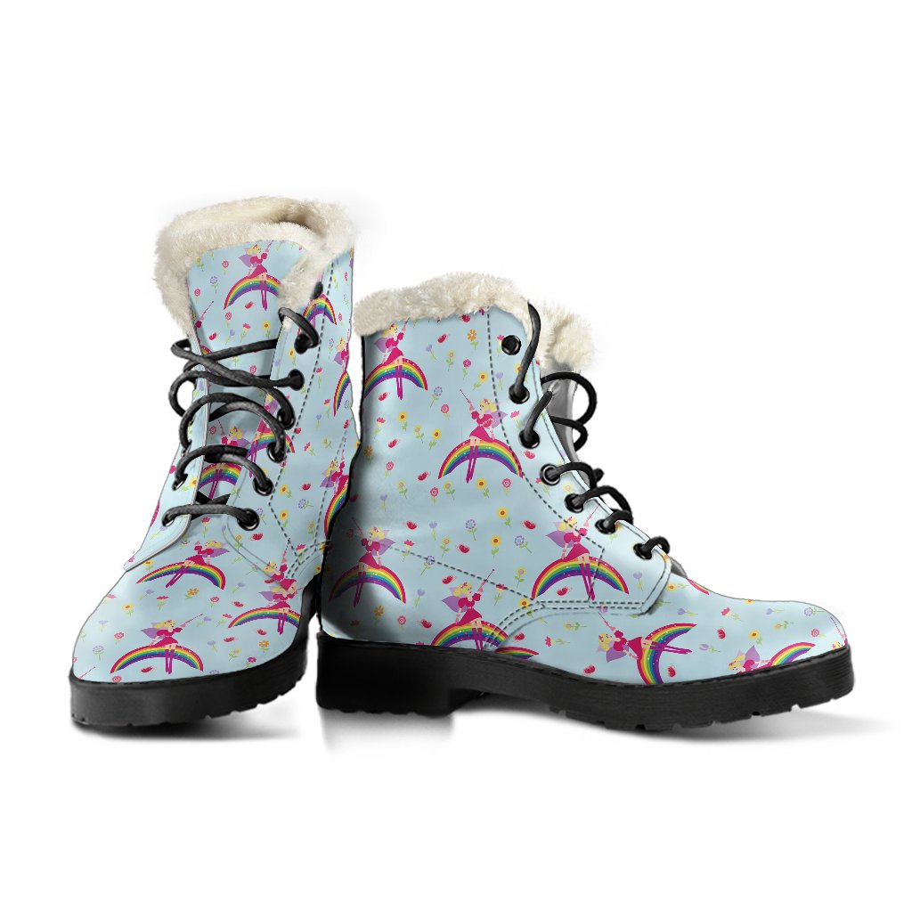 Fairy with Rainbow Print Pattern Faux Fur Leather Boots-JTAMIGO.COM