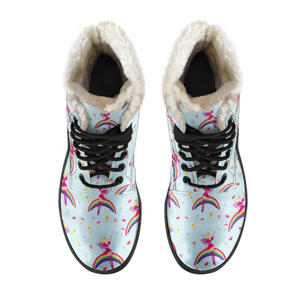 Fairy with Rainbow Print Pattern Faux Fur Leather Boots-JTAMIGO.COM
