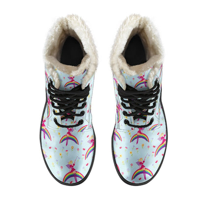 Fairy with Rainbow Print Pattern Faux Fur Leather Boots-JTAMIGO.COM