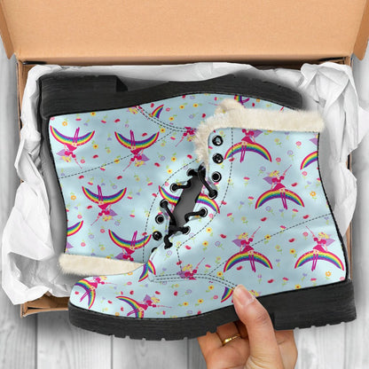 Fairy with Rainbow Print Pattern Faux Fur Leather Boots-JTAMIGO.COM