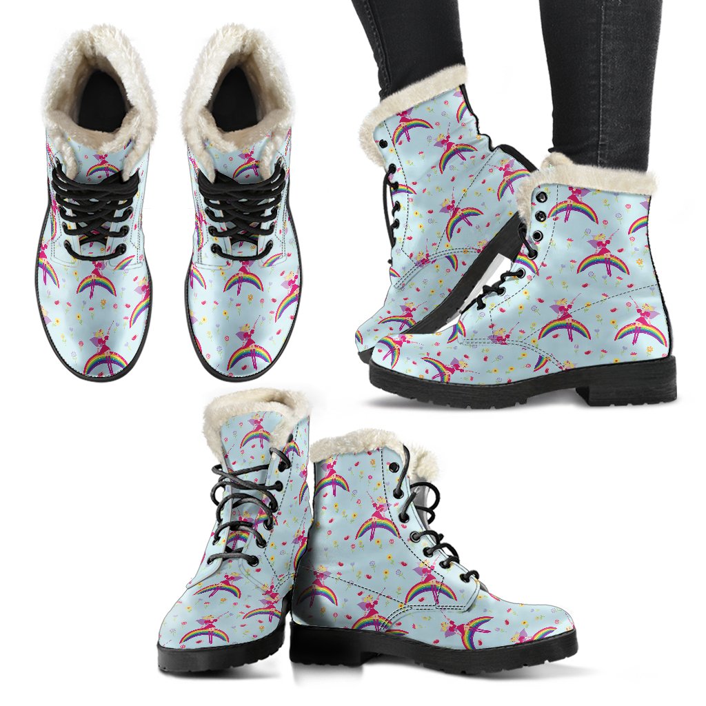 Fairy with Rainbow Print Pattern Faux Fur Leather Boots-JTAMIGO.COM