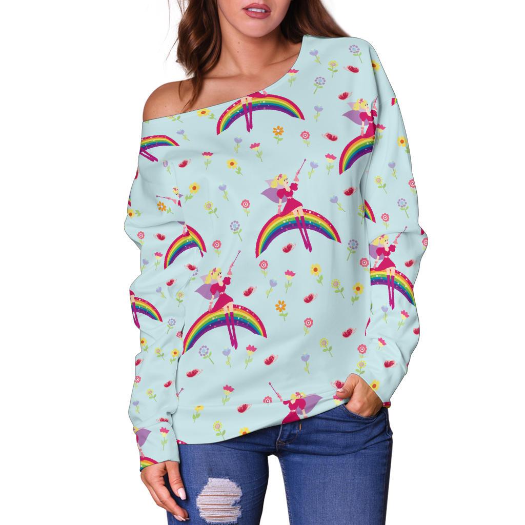 Fairy With Rainbow Print Pattern Off Shoulder Sweatshirt