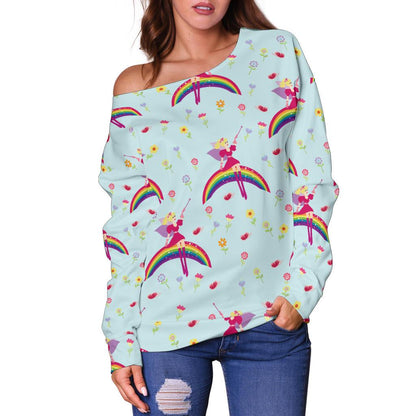 Fairy With Rainbow Print Pattern Off Shoulder Sweatshirt