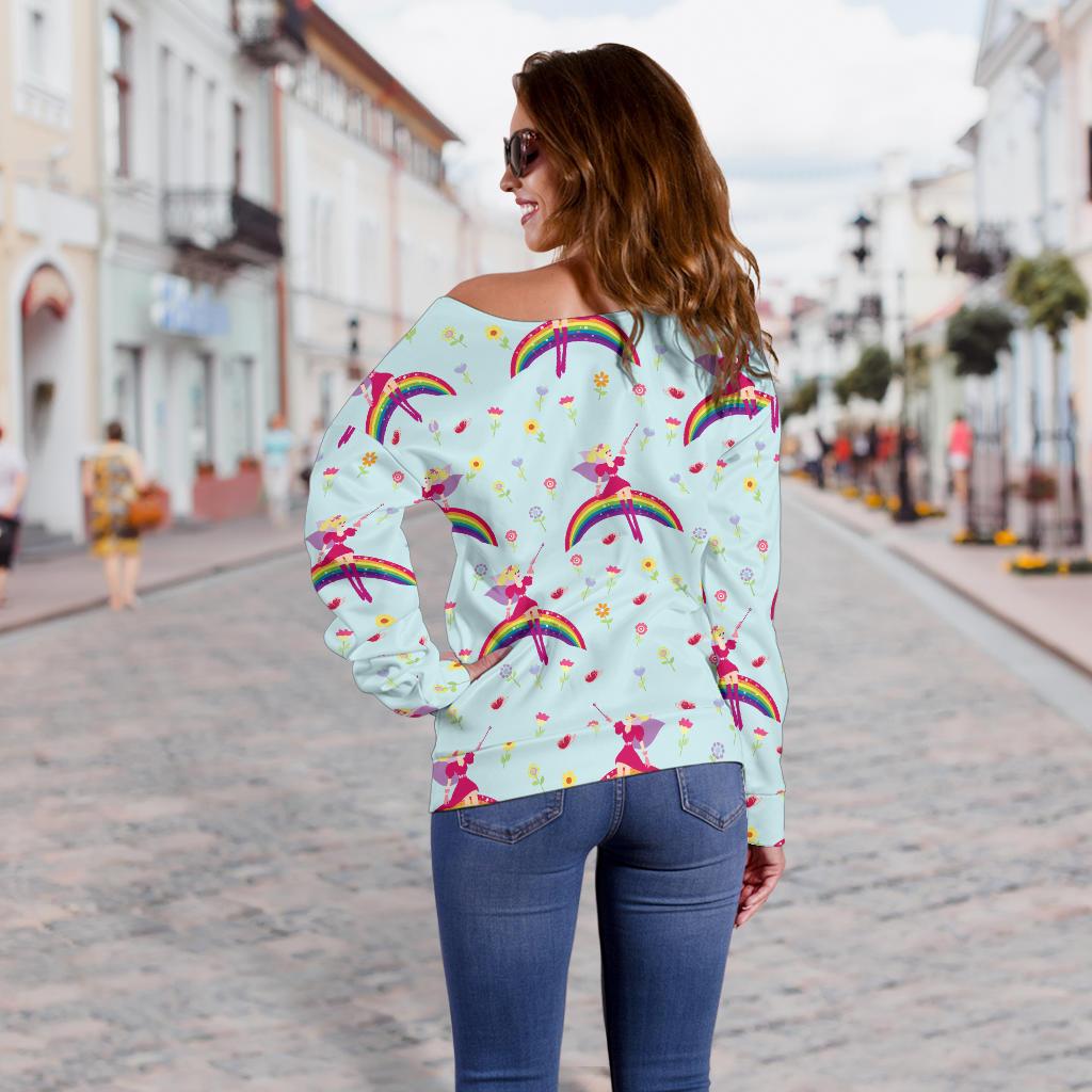 Fairy With Rainbow Print Pattern Off Shoulder Sweatshirt