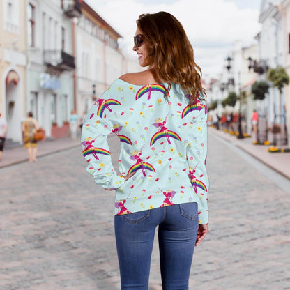 Fairy With Rainbow Print Pattern Off Shoulder Sweatshirt