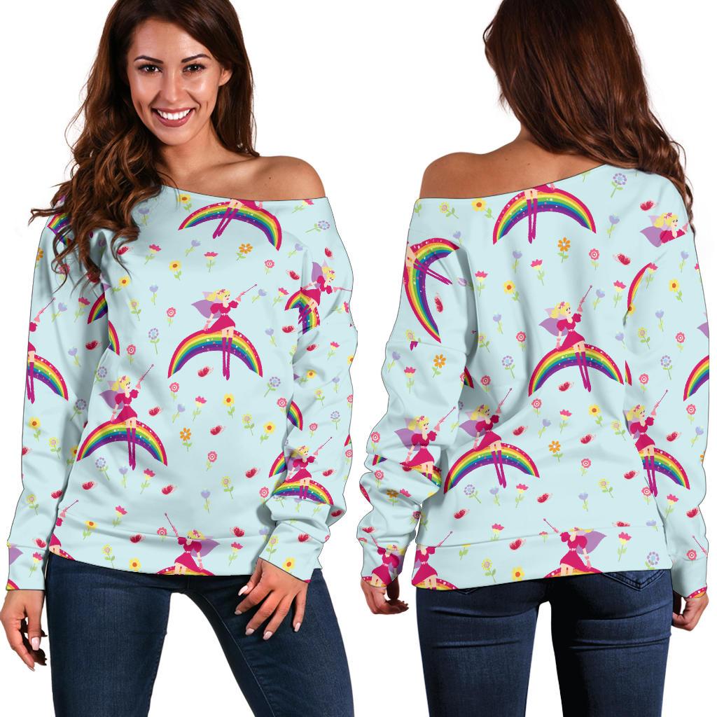 Fairy With Rainbow Print Pattern Off Shoulder Sweatshirt