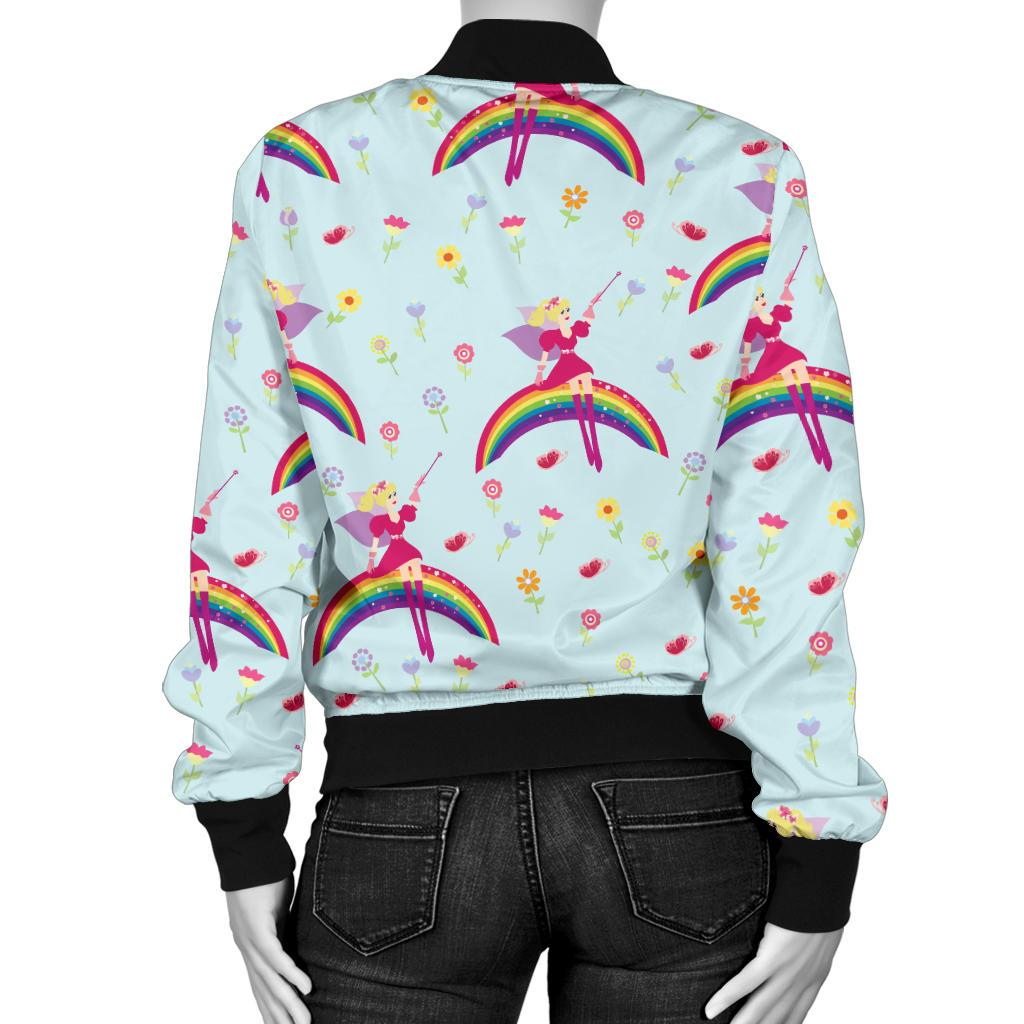 Fairy With Rainbow Print Pattern Women Casual Bomber Jacket
