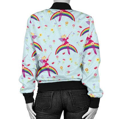 Fairy With Rainbow Print Pattern Women Casual Bomber Jacket