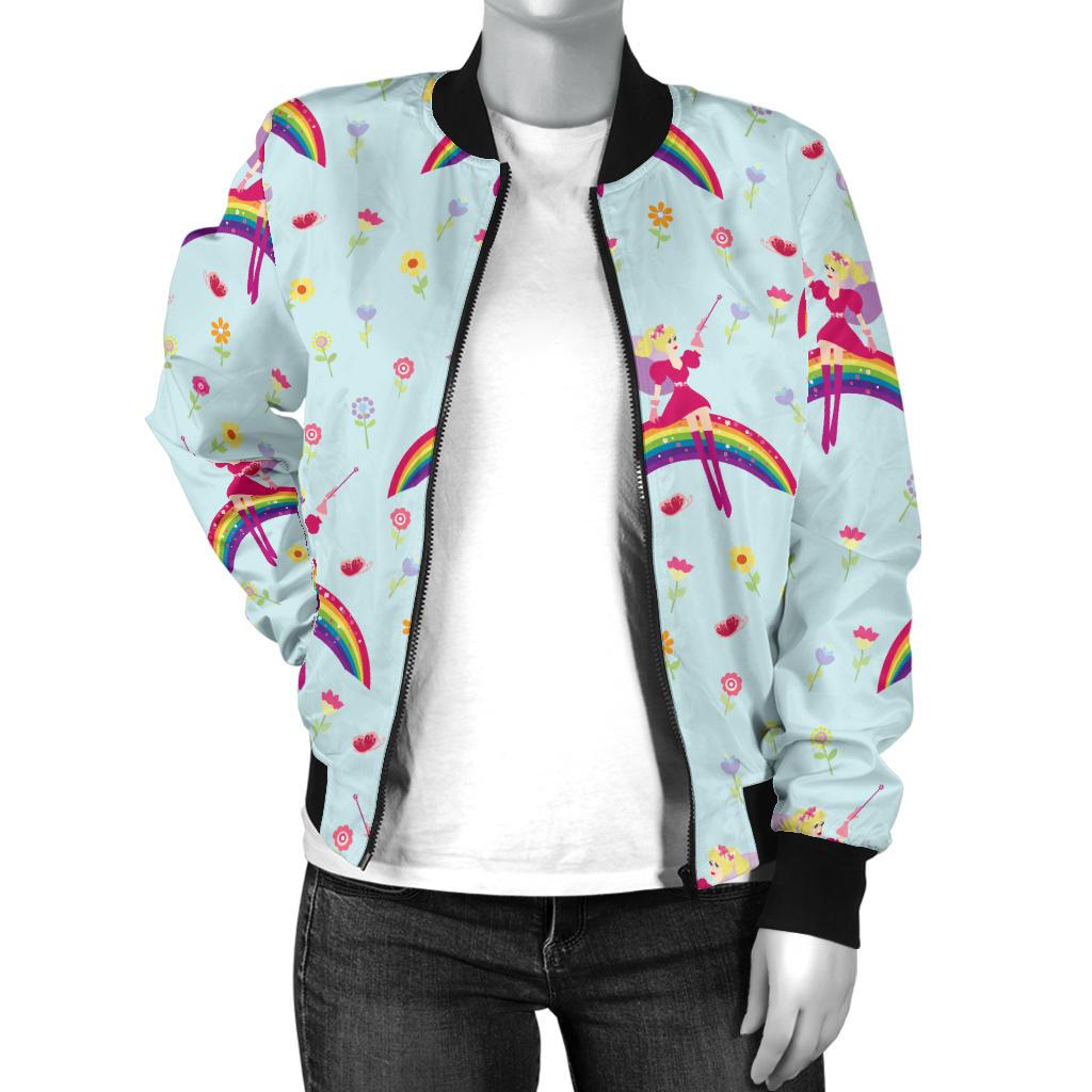 Fairy With Rainbow Print Pattern Women Casual Bomber Jacket