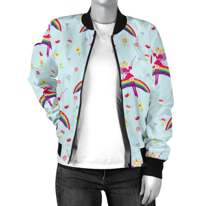 Fairy With Rainbow Print Pattern Women Casual Bomber Jacket