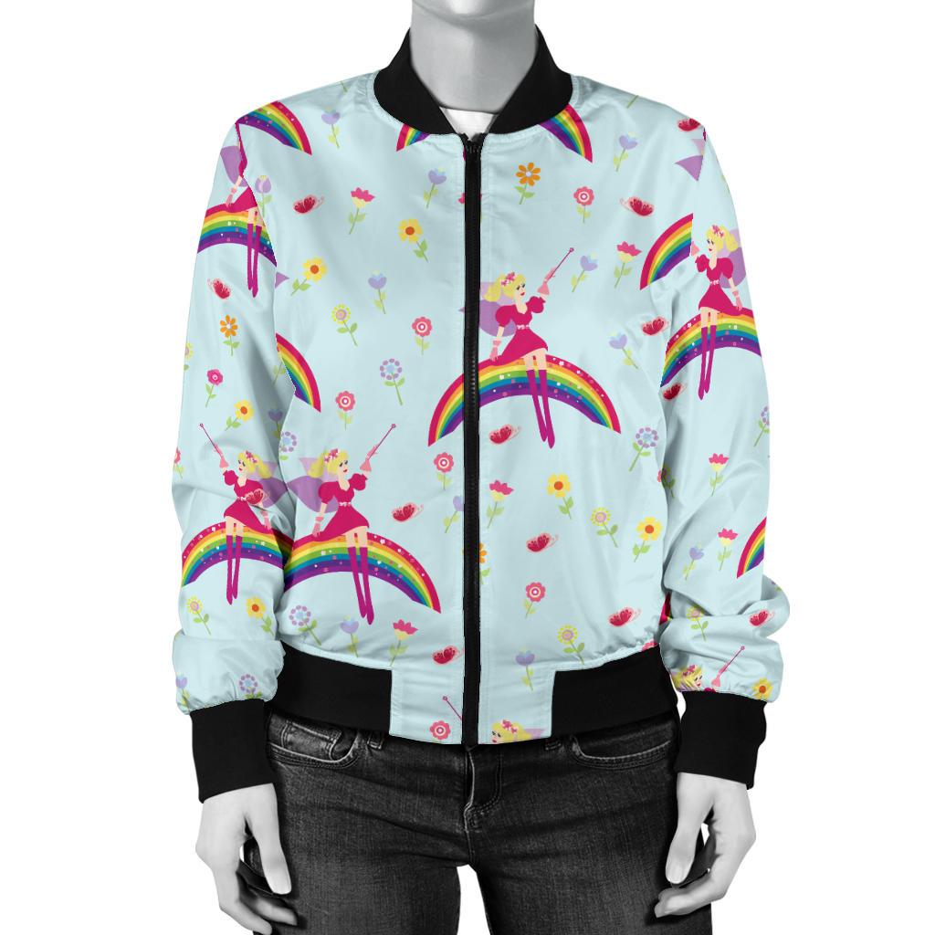 Fairy With Rainbow Print Pattern Women Casual Bomber Jacket