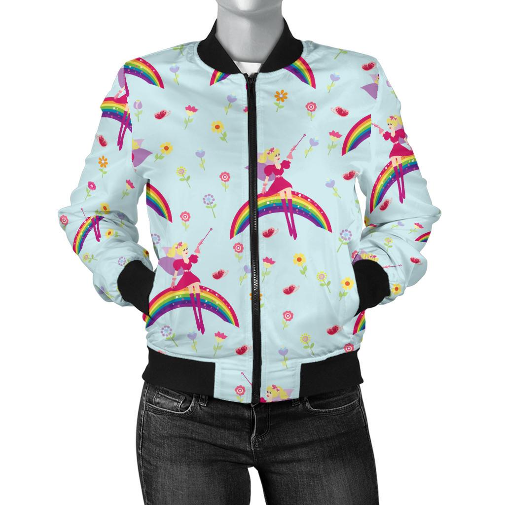 Fairy With Rainbow Print Pattern Women Casual Bomber Jacket