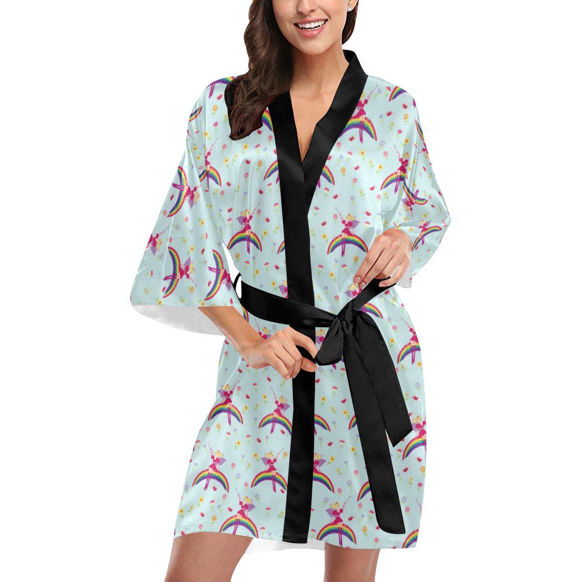 Fairy with Rainbow Print Pattern Women Short Kimono Robe