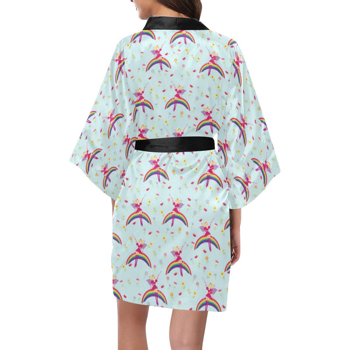 Fairy with Rainbow Print Pattern Women Short Kimono Robe