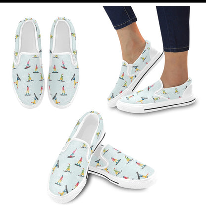 Snowboard Print Design LKS304 White Slip Ons Canvas Women's Shoes