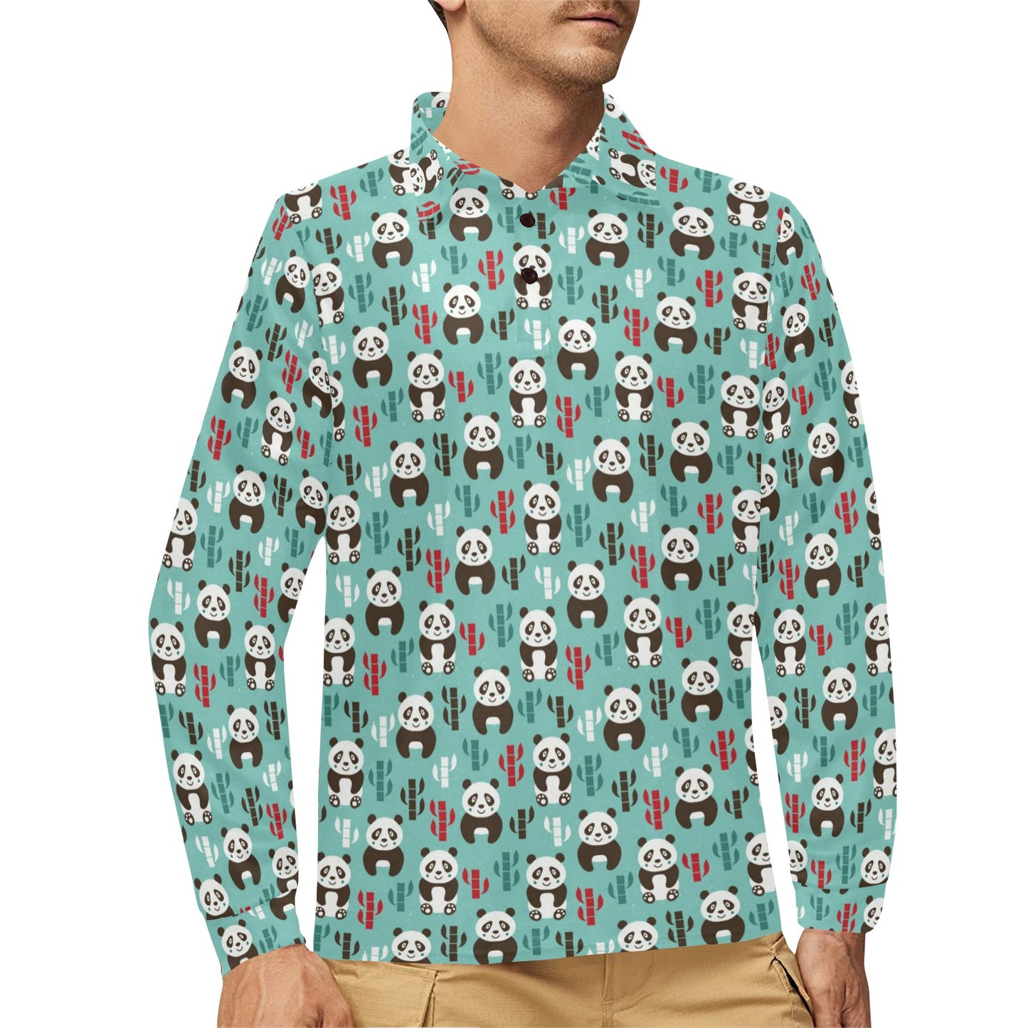 Panda Bear Cute Themed Print Long Sleeve Polo Shirt For Men's