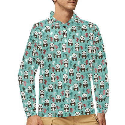 Panda Bear Cute Themed Print Long Sleeve Polo Shirt For Men's