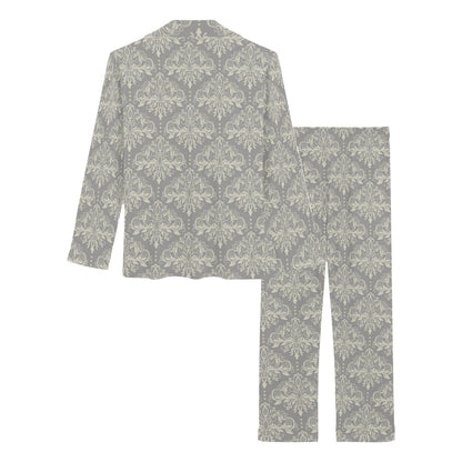 Damask Grey Elegant Print Pattern Women's Long Pajama Set