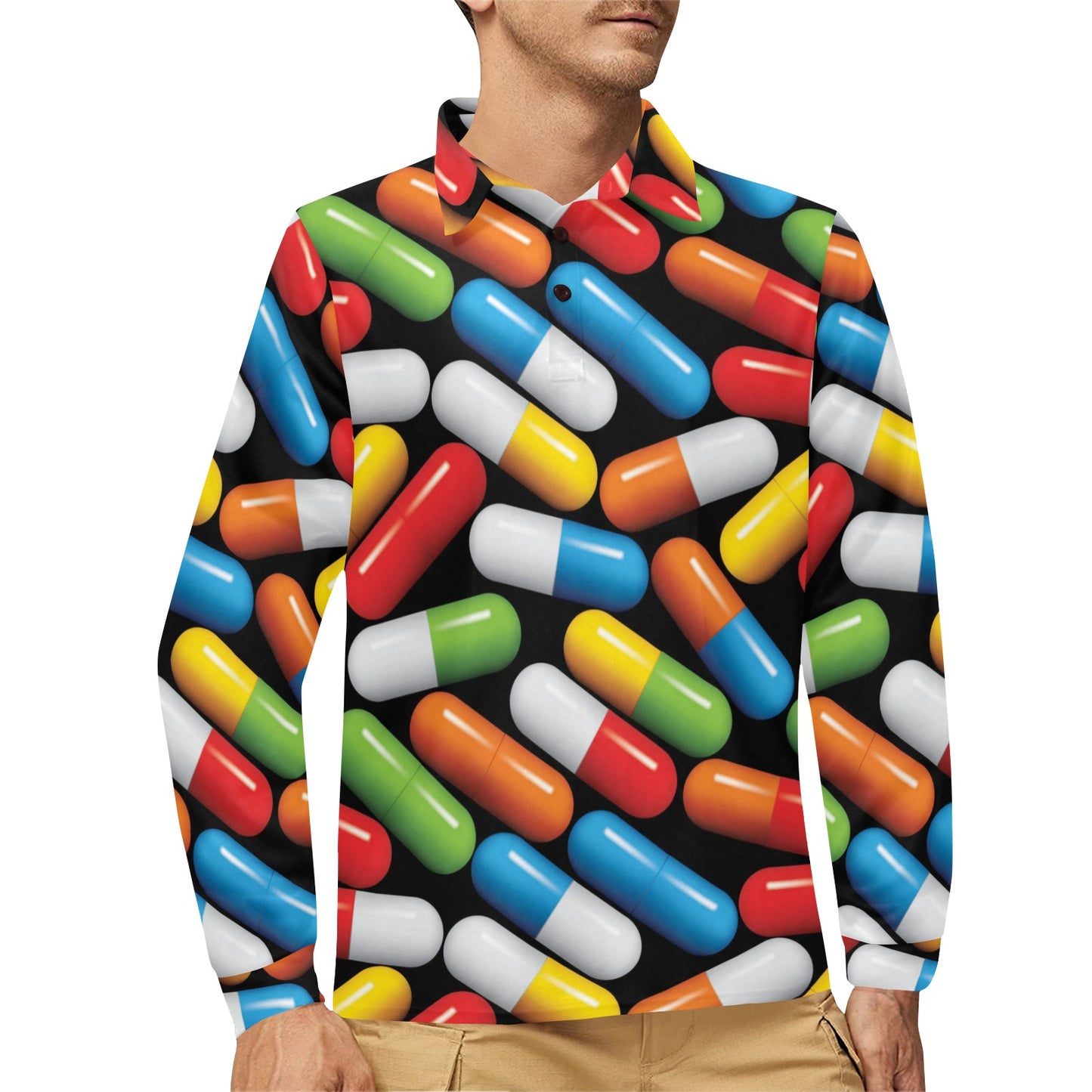 Pill Pattern Print Design A02 Long Sleeve Polo Shirt For Men's