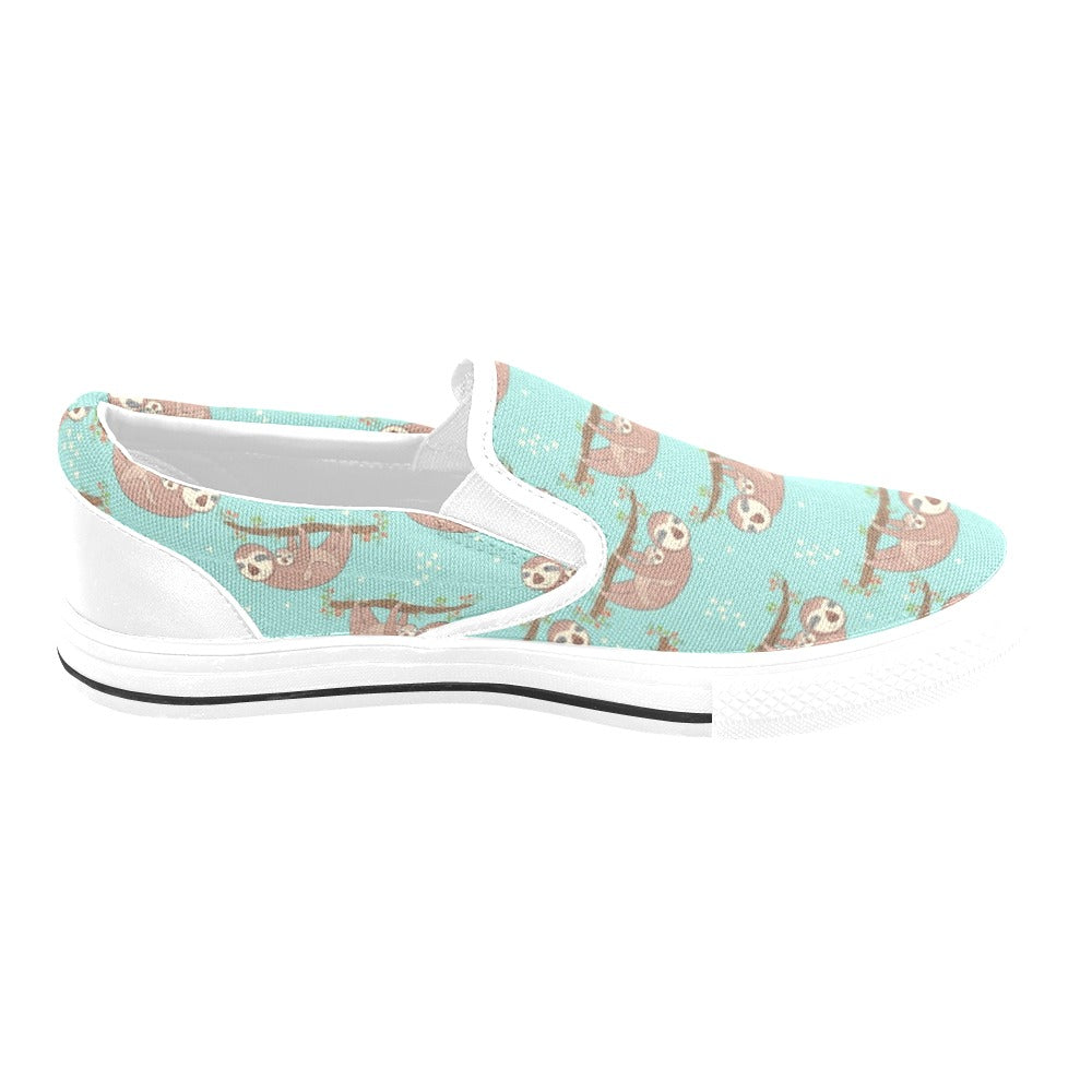Sloth Print Design LKS302 White Slip Ons Canvas Women's Shoes