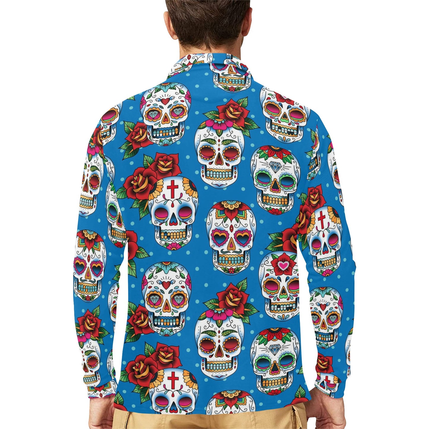 Sugar Skull Rose Pattern Long Sleeve Polo Shirt For Men's