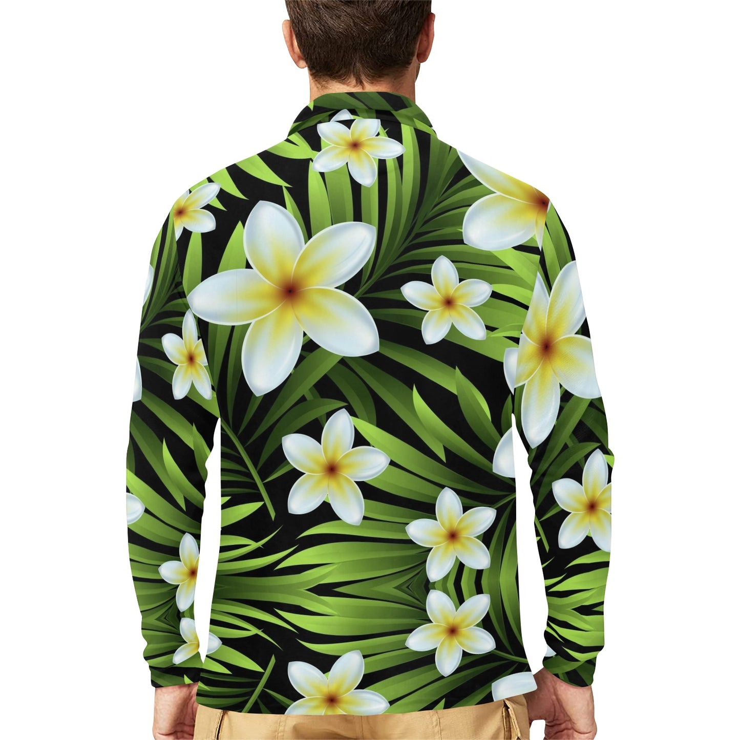 White Plumeria Pattern Print Design PM06 Long Sleeve Polo Shirt For Men's