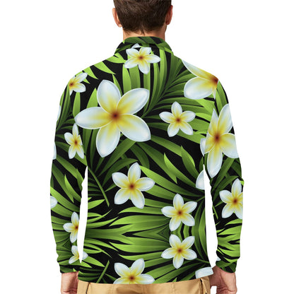 White Plumeria Pattern Print Design PM06 Long Sleeve Polo Shirt For Men's