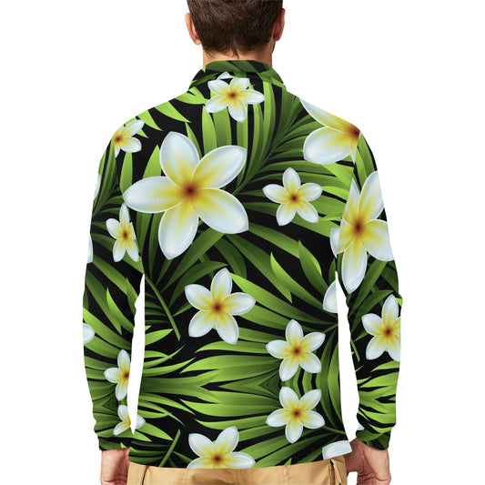 White Plumeria Pattern Print Design PM06 Long Sleeve Polo Shirt For Men's