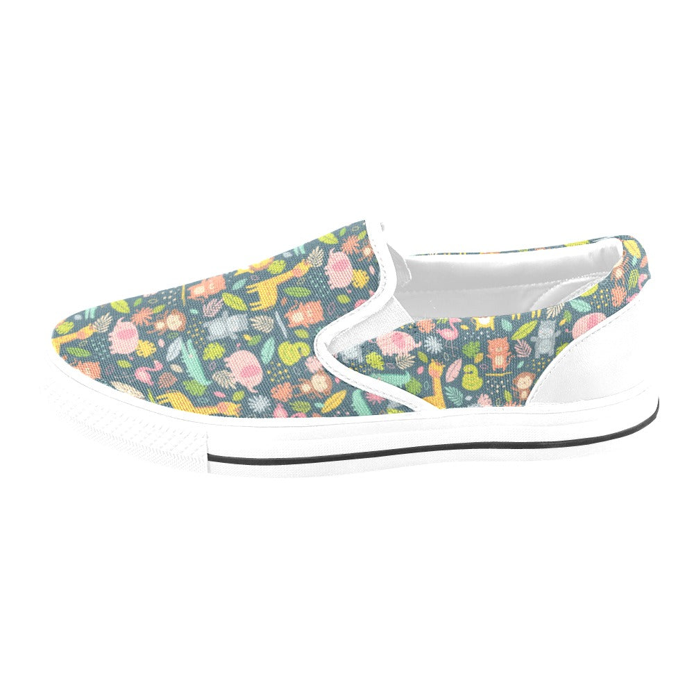 Safari Animal Cartoon Print Design LKS305 White Slip Ons Canvas Women's Shoes