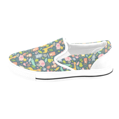 Safari Animal Cartoon Print Design LKS305 White Slip Ons Canvas Women's Shoes