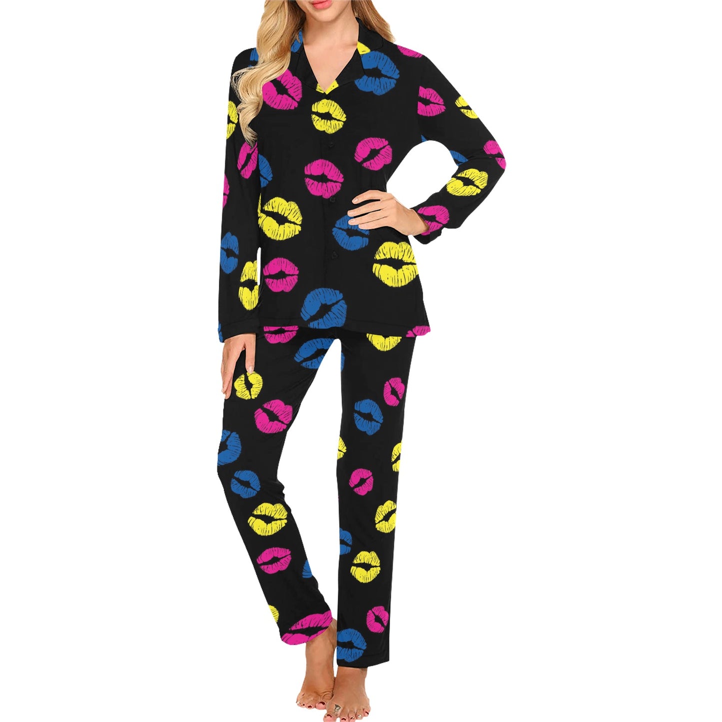Lip Neon Color Pattern Print Design 01 Women's Long Pajama Set