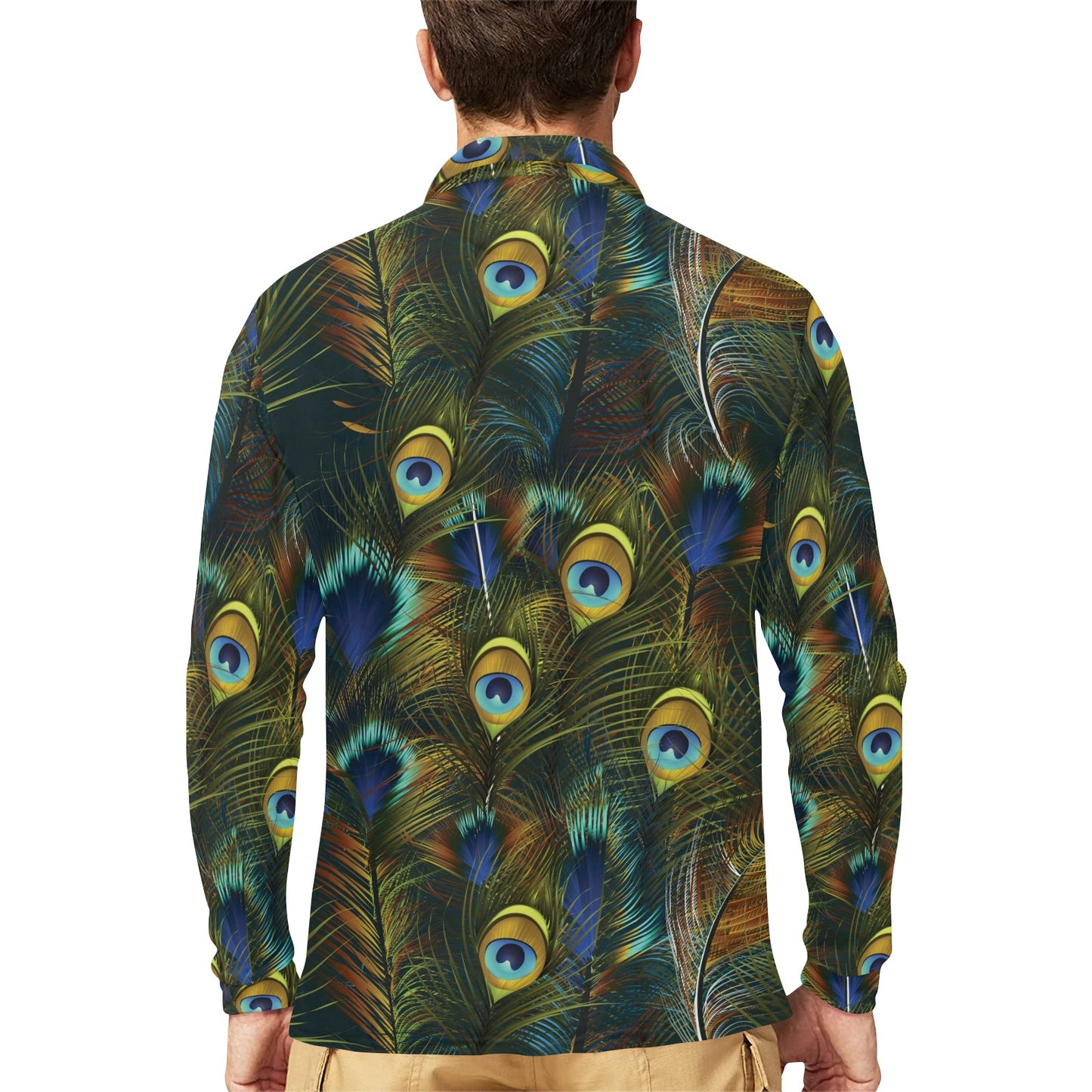 Peacock Feather Pattern Print Design A03 Long Sleeve Polo Shirt For Men's