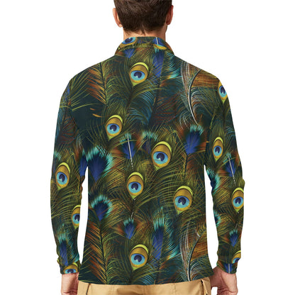 Peacock Feather Pattern Print Design A03 Long Sleeve Polo Shirt For Men's