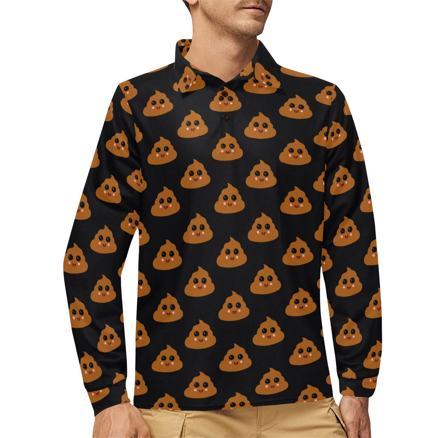 Poop Emoji Pattern Print Design A01 Long Sleeve Polo Shirt For Men's