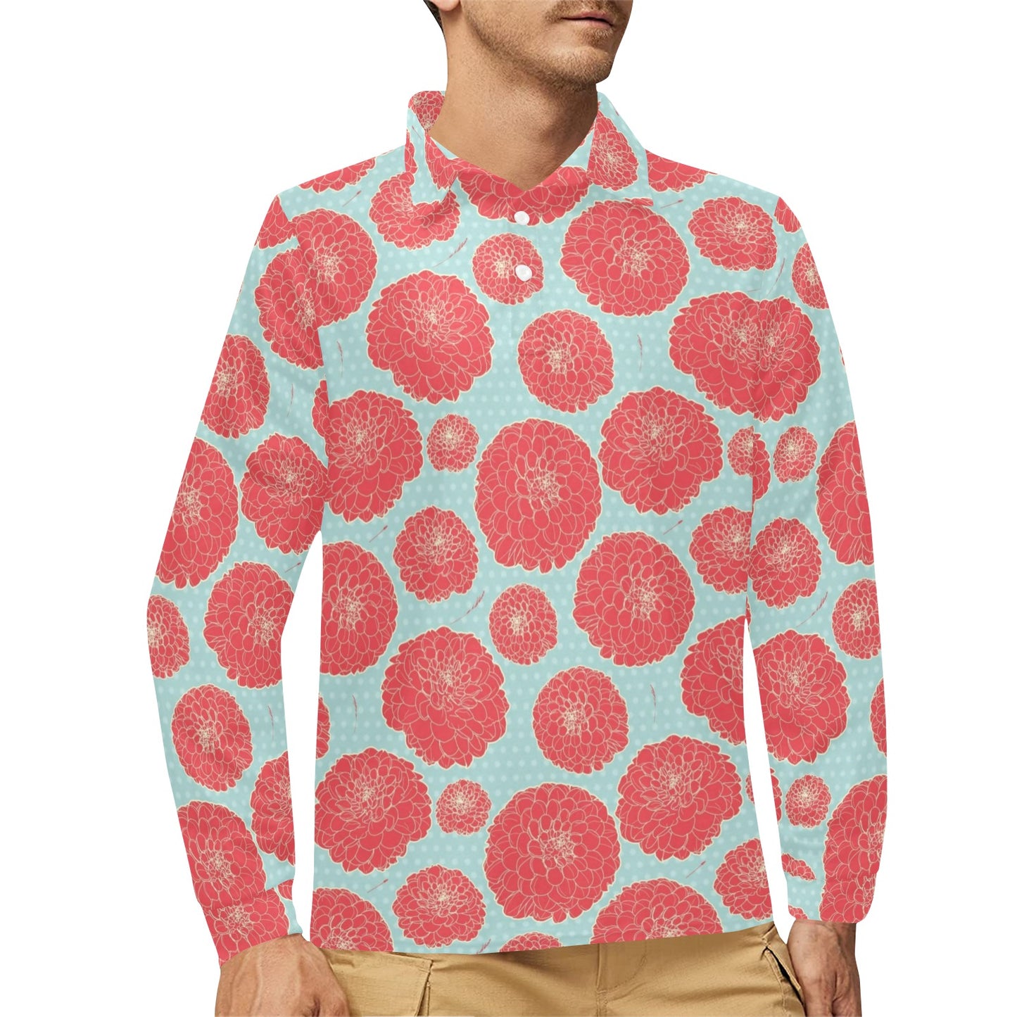 Marigold Pattern Print Design MR03 Long Sleeve Polo Shirt For Men's