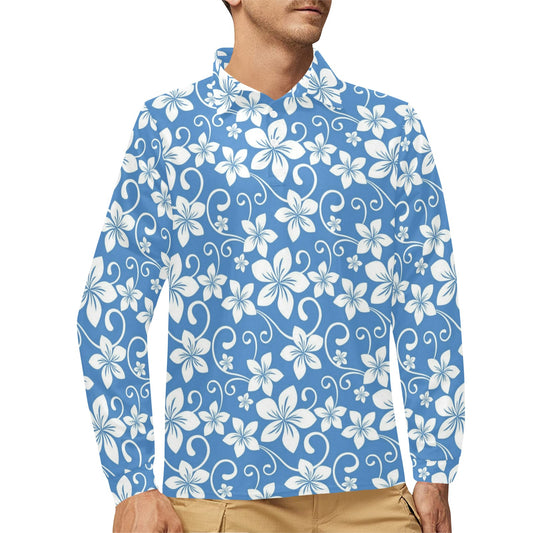 Hibiscus Pattern Print Design HB09 Long Sleeve Polo Shirt For Men's