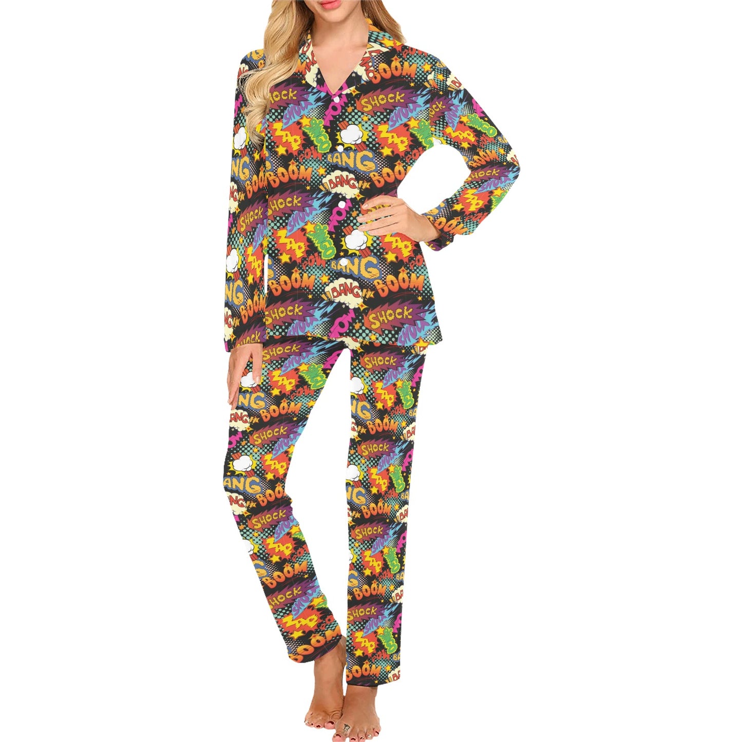 Comic Book Pattern Print Design 01 Women's Long Pajama Set