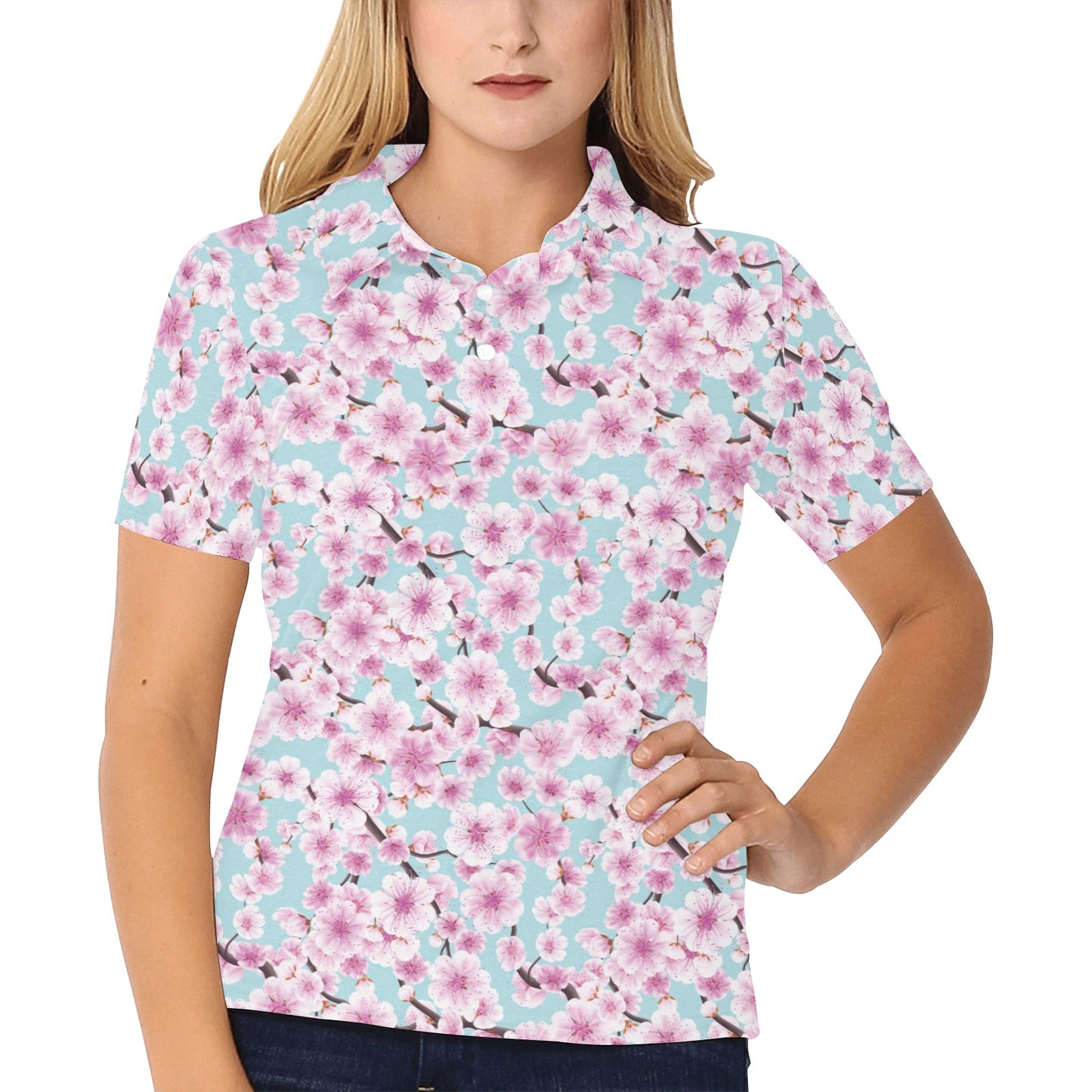 Cherry Blossom Pattern Print Design 01 Women's Polo Shirt