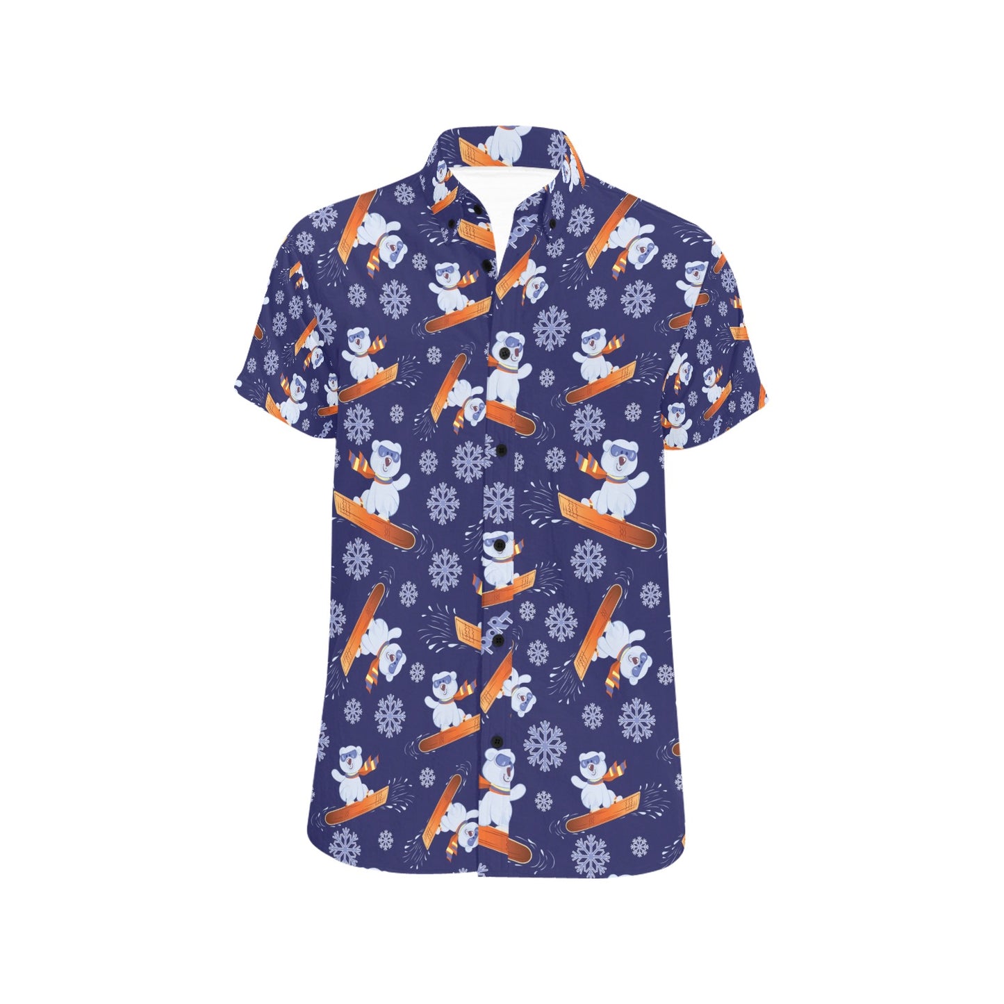 Snowboard Bear Print Design LKS305 Men Short Sleeve Button Up Shirt