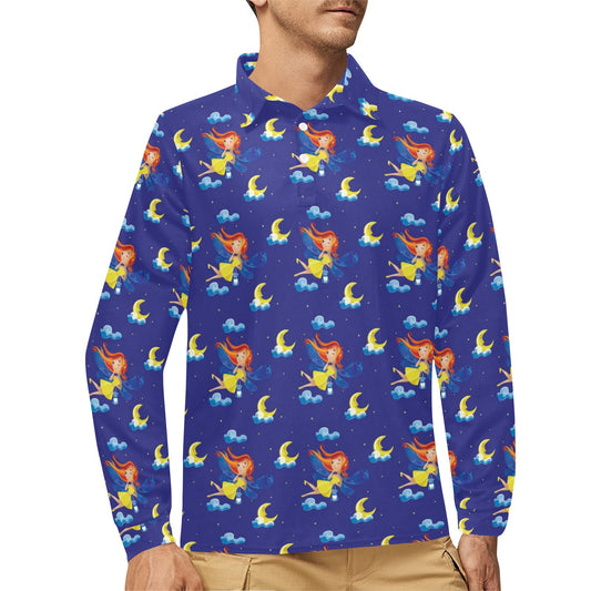 Fairy with Moon Print Pattern Long Sleeve Polo Shirt For Men's