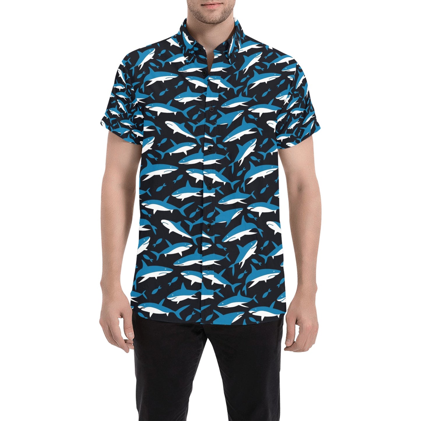 Shark Print Design LKS303 Men Short Sleeve Button Up Shirt