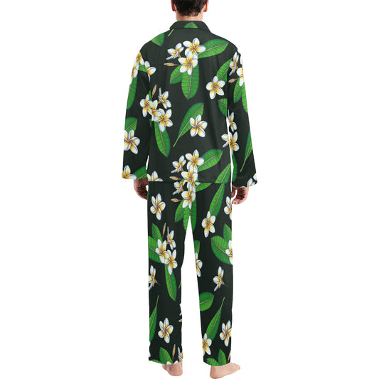 White Plumeria Pattern Print Design PM023 Men's Long Pajama Set