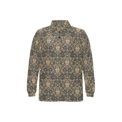 Damask Elegant Luxury Print Pattern Long Sleeve Polo Shirt For Men's