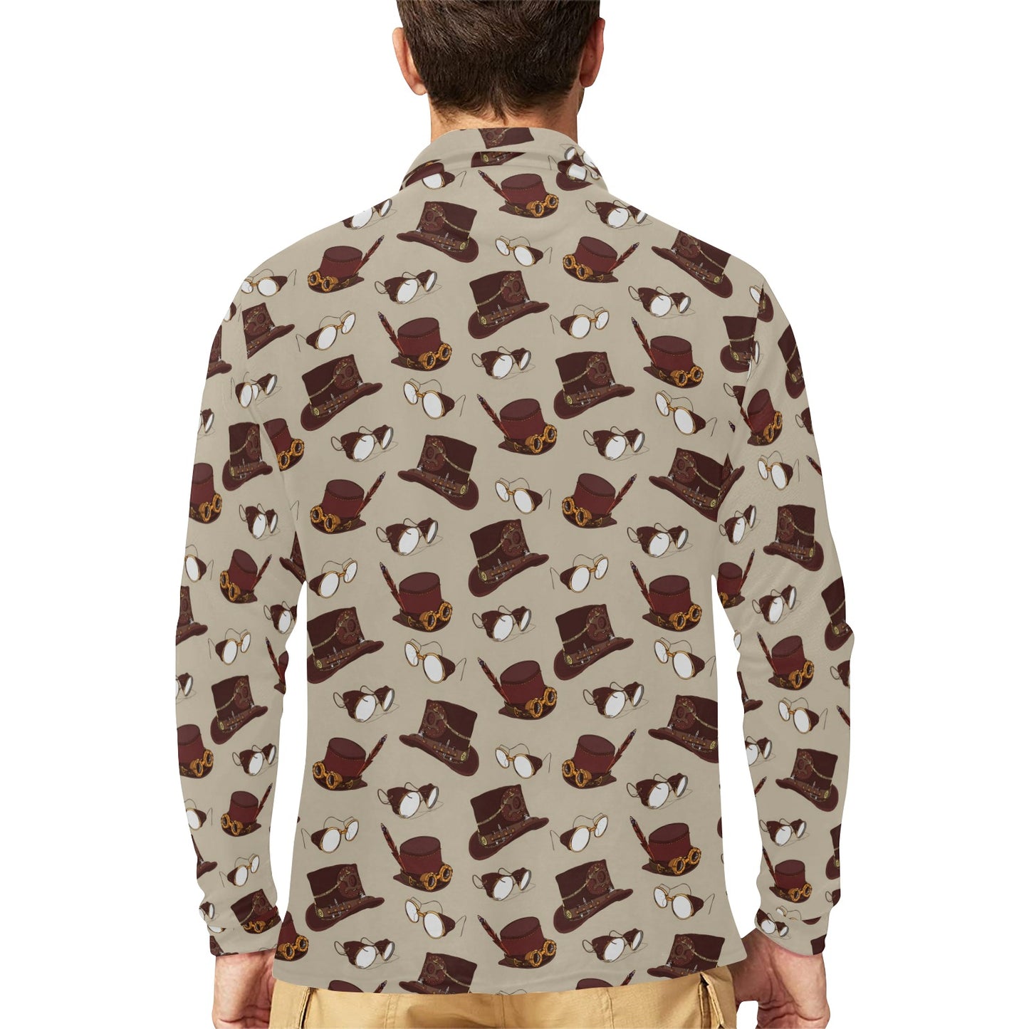 Steampunk Hat Print Design LKS301 Long Sleeve Polo Shirt For Men's