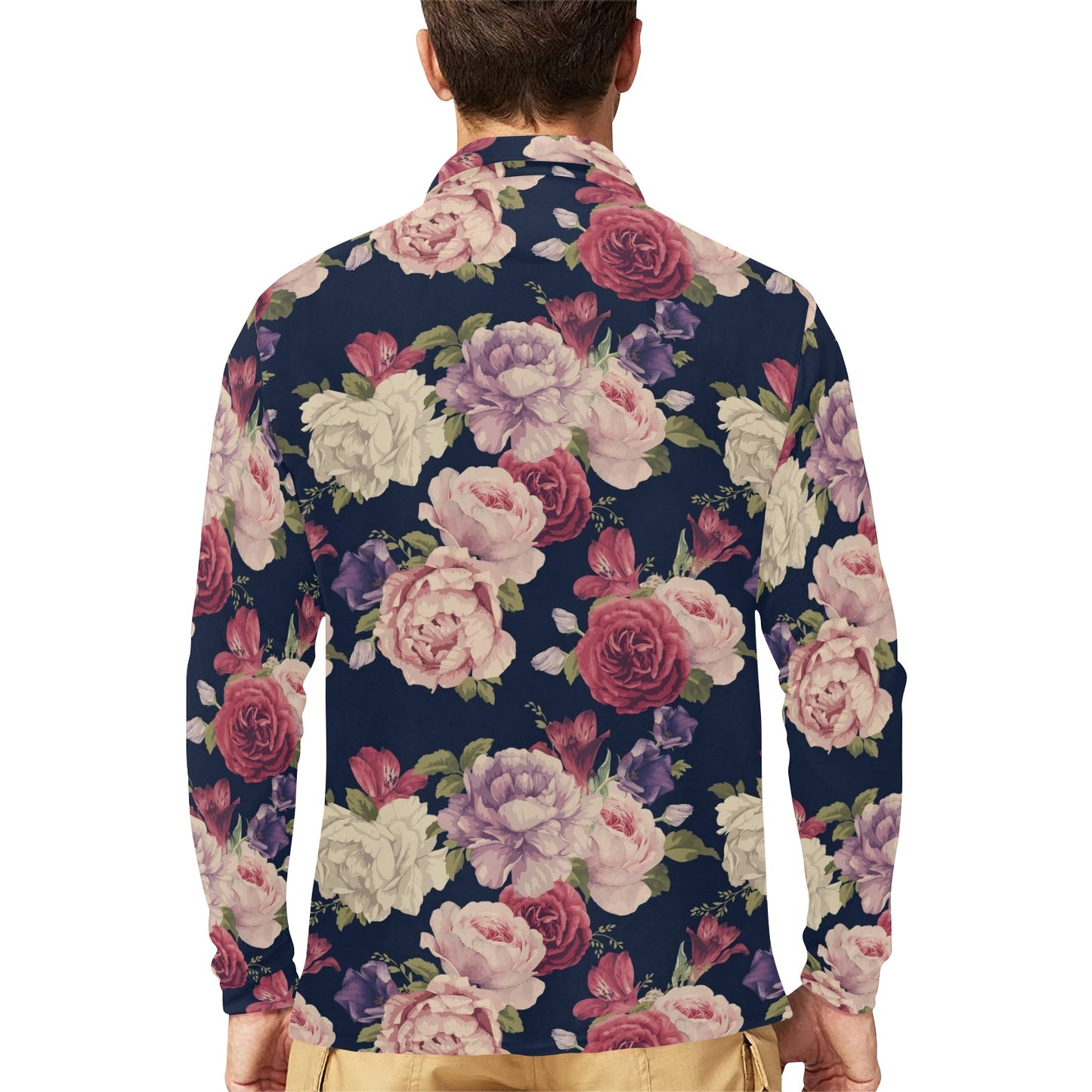 Peony Pattern Print Design PE03 Long Sleeve Polo Shirt For Men's