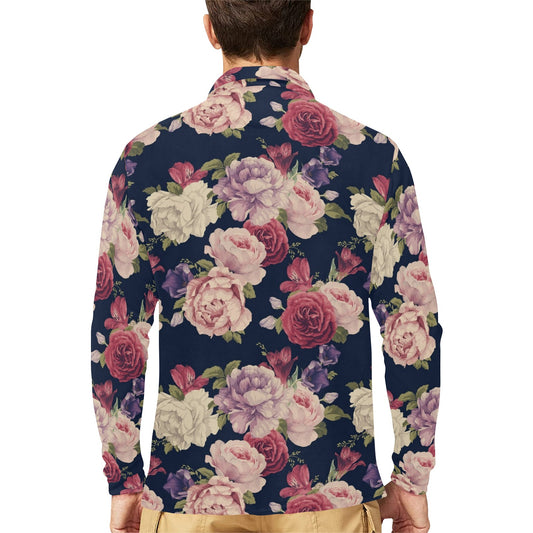 Peony Pattern Print Design PE03 Long Sleeve Polo Shirt For Men's